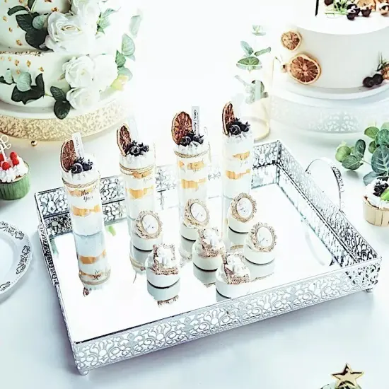 16" tall SILVER Metal Rectangular Rim Mirror Serving Tray Party {2}