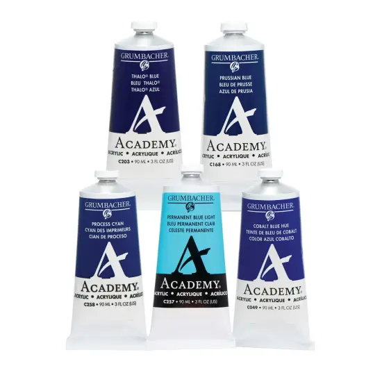 Grumbacher Academy Professional Acrylic Paint Set of 5 - 90ml Blue Colors - Artist Grade Acrylic Paint Set with Premium Pigments, Semi-Gloss Sheen, ASTM Lightfast Rating 1 {1}