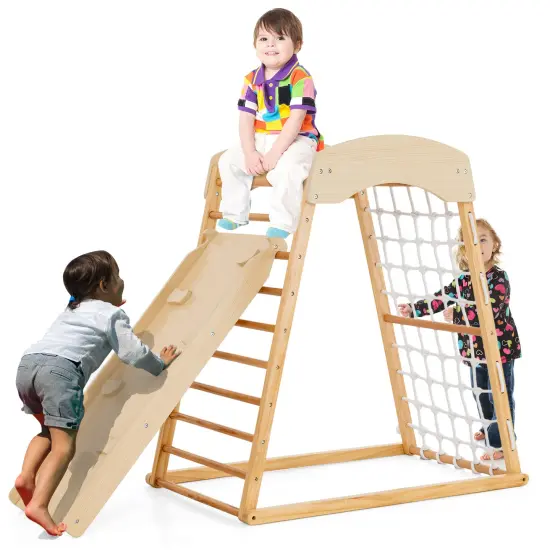 6-in-1 Jungle Gym Wooden Indoor Playground With Double-sided Ramp And Monkey Bars-natural {3}