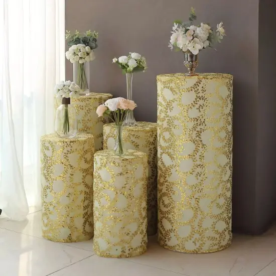 5 GOLD Geometric Leaf Vine Sequins Cylinder Display STAND COVERS {3}