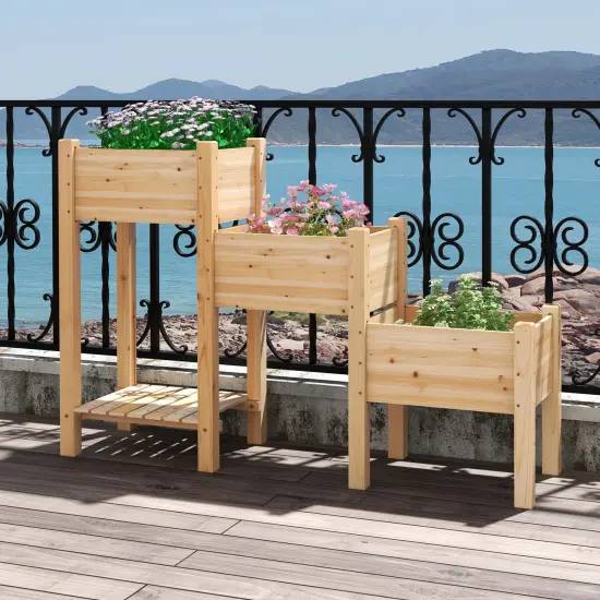 3-tier Wooden Raised Garden Bed With Open Storage Shelf-Natural {2}