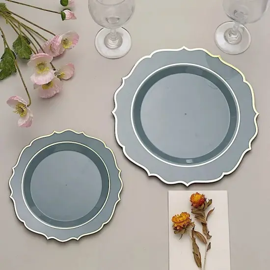 20 DUSTY BLUE 10.5" Round Plastic Dinner Plates GOLD Scalloped Rim {2}