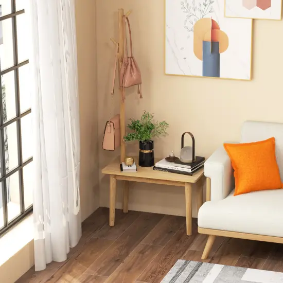 End Table With Coat Rack Solid Wood Coat Tree With 2-in-1 Side Table-natural {2}