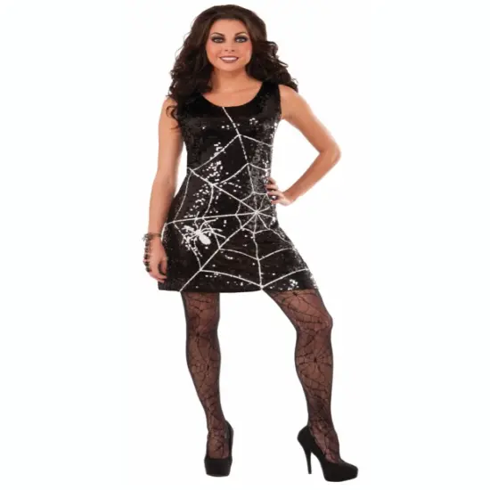 WomensBlack White Spider Web Halloween Sequin Mini Dress Costume {1}