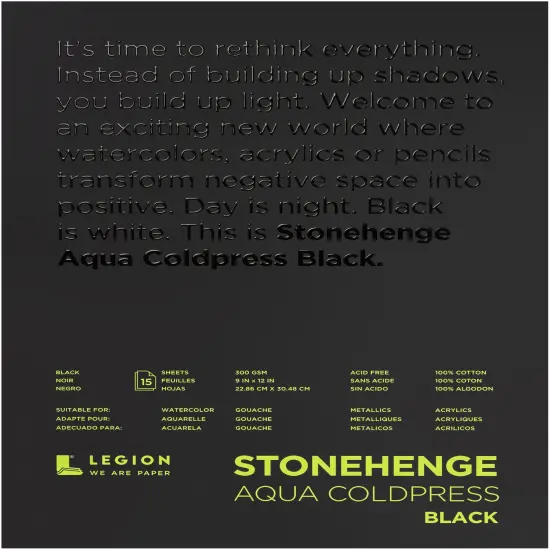 Stonehenge Aqua Block Coldpress Pad 9"X12" 15 Sheets/Pkg-Black 140lb {1}