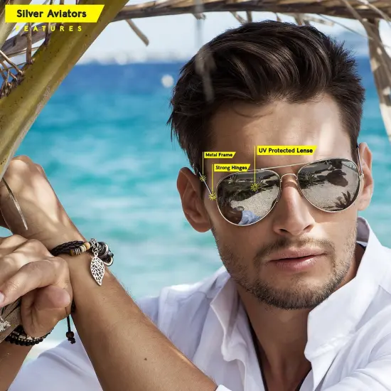 Silver Mirrored Aviator Sunglasses - Military Style Mirror Sun Glasses with Metal Frame and UV 400 Protection {6}