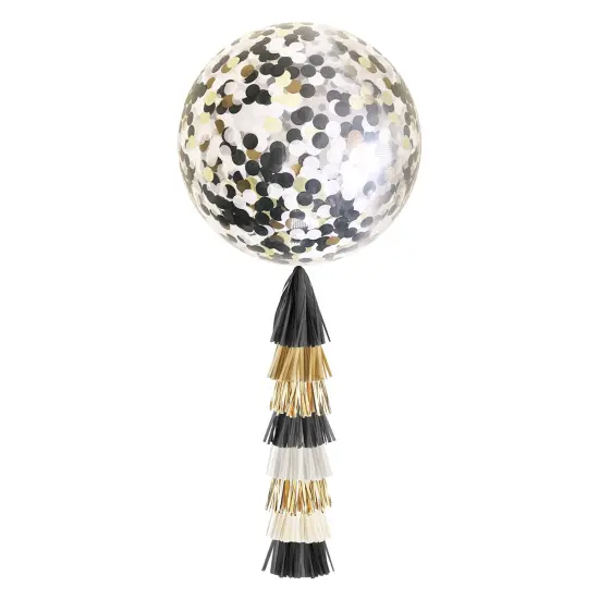 Jumbo Confetti Balloon & Tassel Tail - Black, White & Gold {1}