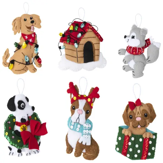 Bucilla Felt Ornaments Applique Kit Set Of 6-Christmas Dogs {1}