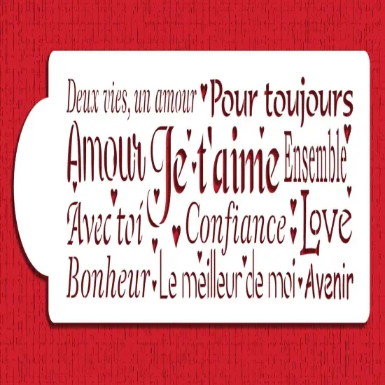 French Words of Love Cake Stencil Side | C941 by Designer Stencils | Cake Decorating Tools | Baking Stencils for Royal Icing, Airbrush, Dusting Powder | Reusable Plastic Food Grade Stencil for Cakes | Easy to Use & Clean Cake Stencil {1}