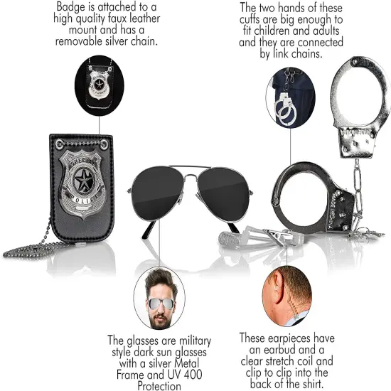 Kids Spy Set Accessories - Cool Spy Gadgets Equipment for Detective Costumes with Sunglasses, Ear Piece, Badge, and Handcuffs {5}