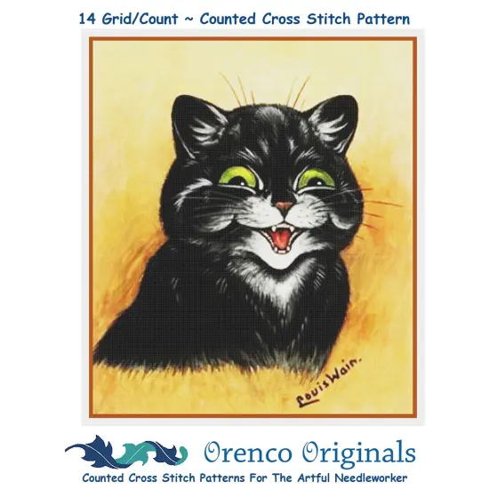 Louis Wain's Smiling Black Kitty Cat Counted Cross Stitch Chart Pattern {1}