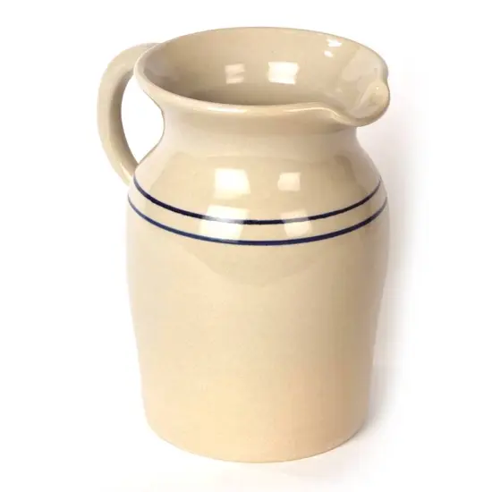Martinez Pottery Stoneware Pitcher Vase, Natural with Blue Stripe Country Decor {1}
