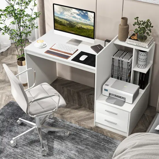 Costway Computer Desk Laptop Table Writing Study Desk Home Office with Bookshelf & Drawers {4}