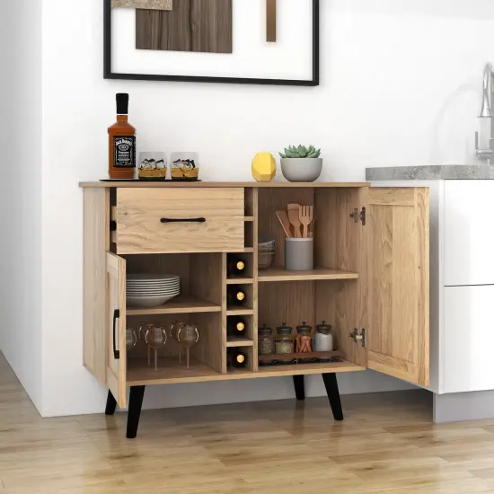 Costway 2-Door Wine Bar Cabinet Kitchen Sideboard Buffet with Drawer & Adjustable Shelves Black/Natural {2}