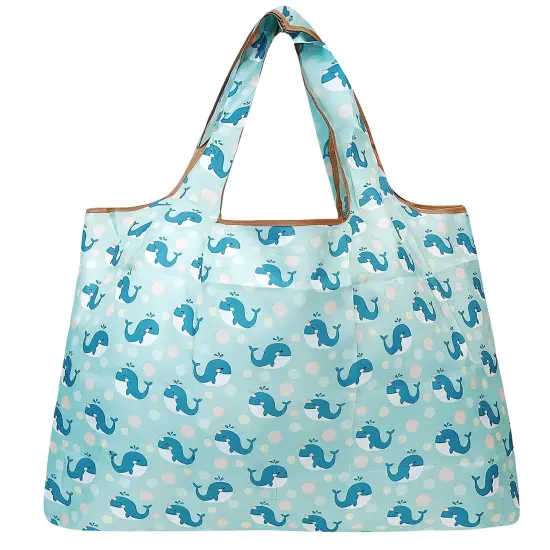 Wrapables Large Foldable Tote Nylon Reusable Grocery Bags Blue Whales {2}