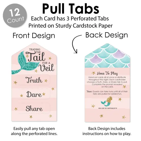 Big Dot of Happiness Trading the Tail For A Veil - Mermaid Bachelorette or Bridal Shower Game Pickle Cards - Truth, Dare, Share Pull Tabs - Set of 12 {4}