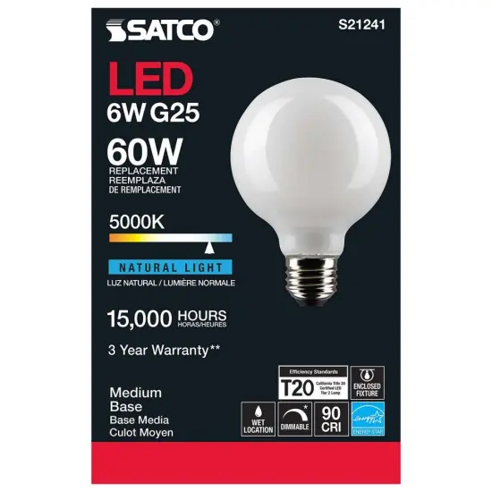 6Pk - Satco 6w G25 Globe Filament LED 5000K E26 Base White Dimmable - 60w equiv Natural Light {5}