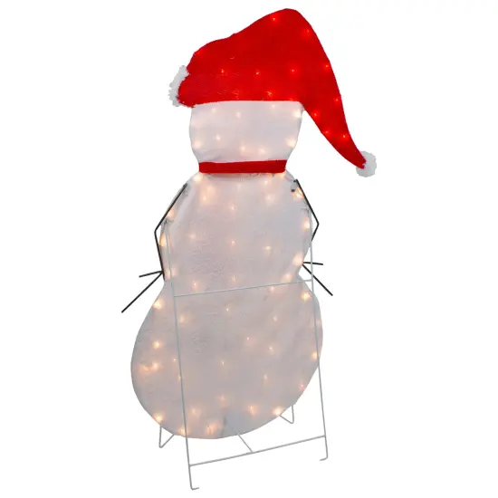Northlight 42" Lighted 2D Chenille Snowman in Santa Hat Outdoor Christmas Decoration White {7}