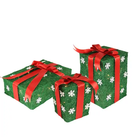 Northlight Set of 3 Lighted Green with Red Bows Gift Boxes Outdoor Christmas Decorations 13" {3}
