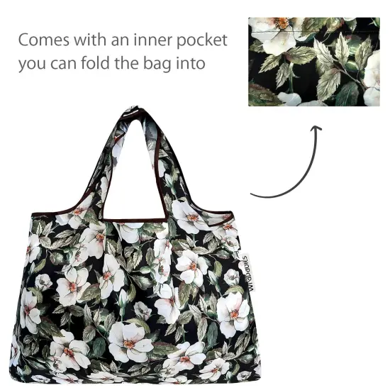 Wrapables Large & Small Foldable Tote Nylon Reusable Grocery Bags, Set of 2 White Pansies {5}