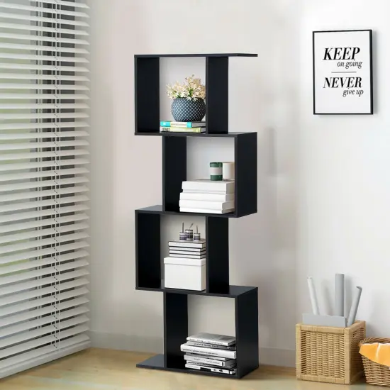 Costway 4-tier S-Shaped Bookcase Free Standing Storage Rack Wooden Display Decor Black {4}