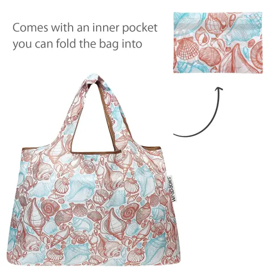 Wrapables Large & Small Foldable Tote Nylon Reusable Grocery Bags, Set of 2 Seashells {5}