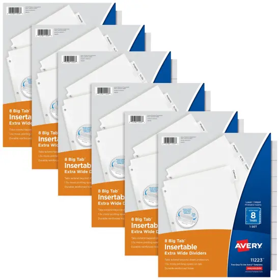 Avery Extra-Wide Big Tab Insertable Dividers for 3 Ring Binders, 8-Tab Sets, White Paper, Clear Tabs, Works With Sheet Protectors, 6 Sets (11254) {1}