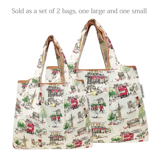 Wrapables Large & Small Foldable Tote Nylon Reusable Grocery Bags, Set of 2 Stylish Kitties {8}