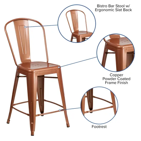 Merrick Lane Stella 24" Metal Indoor-Outdoor Counter Stool with Vertical Slat Back and Integrated Footrest Copper {2}