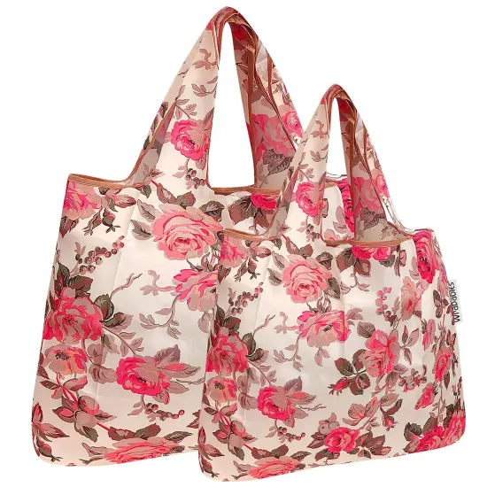 Wrapables Large & Small Foldable Tote Nylon Reusable Grocery Bags, Set of 2 Sunset Roses {1}