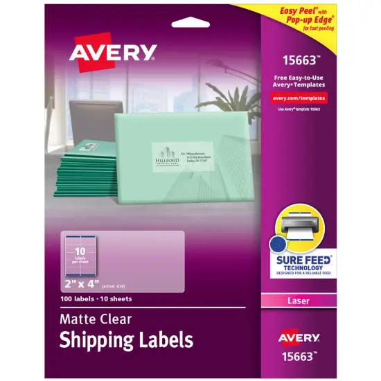 Avery Matte Clear Shipping Labels, Sure Feed Technology, Laser, 2" x 4", 100 Labels (15663) {1}