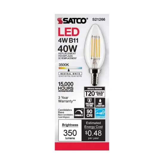 6Pk - Satco 4w B11 LED 3500K Candelabra Base Dimmable - 40w equiv Neutral White {4}