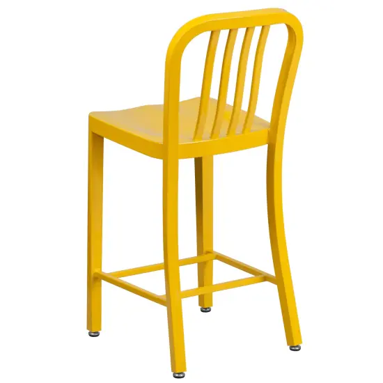 Merrick Lane Santorini Galvanized Steel Indoor/Outdoor Counter Bar Stool With Slatted Back And Powder Coated Finish Yellow {4}