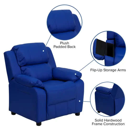 Emma and Oliver Deluxe Padded Contemporary Kids Recliner with Storage Arms Blue Vinyl {2}