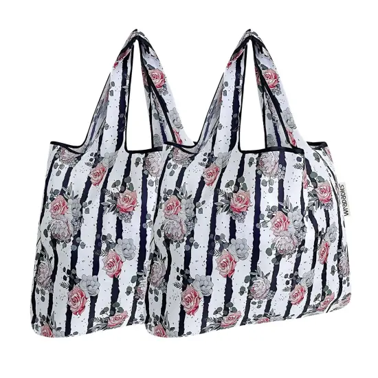 Wrapables Foldable Tote Nylon Reusable Grocery Bag (Set of 2) Rose & Stripes {1}