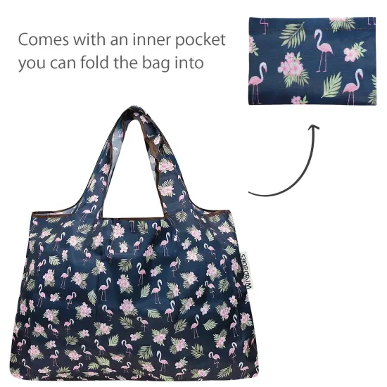 Wrapables Large & Small Foldable Tote Nylon Reusable Grocery Bags, Set of 2 Flamingoes & Floral {5}