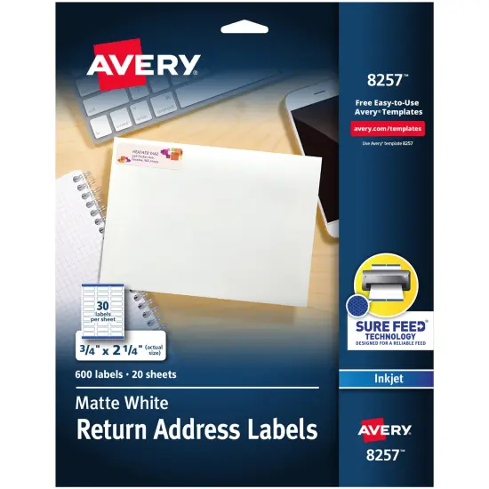 Avery White Return Address Label, Sure Feed Technology, Permanent Adhesive, 3/4" x 2-1/4", 600 Labels (8257) {1}