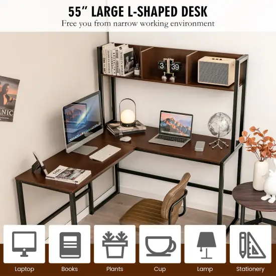 Costway 55''L-Shaped Desk Corner Computer Desk Writing Workstation Table w/Hutch {6}