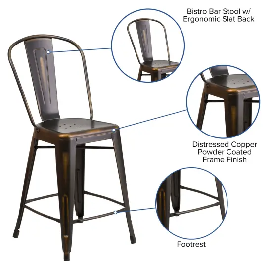 Merrick Lane Sabine Metal Indoor-Outdoor Counter Stool with Vertical Slat Back and Integrated Footrest Copper {2}