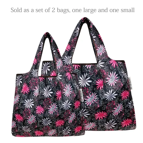 Wrapables Large & Small Foldable Tote Nylon Reusable Grocery Bags, Set of 2 Pink in Bloom {3}