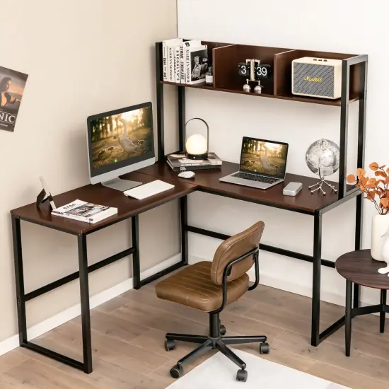 Costway 55''L-Shaped Desk Corner Computer Desk Writing Workstation Table w/Hutch {2}