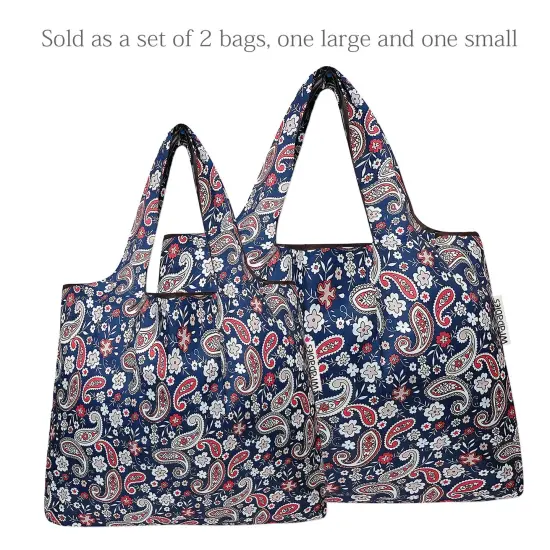 Wrapables Large & Small Foldable Tote Nylon Reusable Grocery Bags, Set of 2 Paisley Motif {3}
