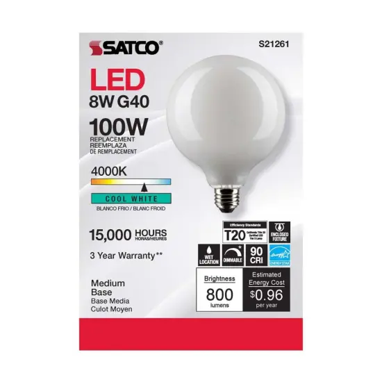 6Pk - Satco 8w G40 Globe Filament LED 4000K E26 Base White Dimmable - 100w equiv Cool White {4}