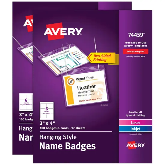 Avery Customizable Name Badges, 3" x 4", 2 Packs, 200 Badge Holders with Cords and 204 Printable Name Tag Inserts Total (46019) {1}