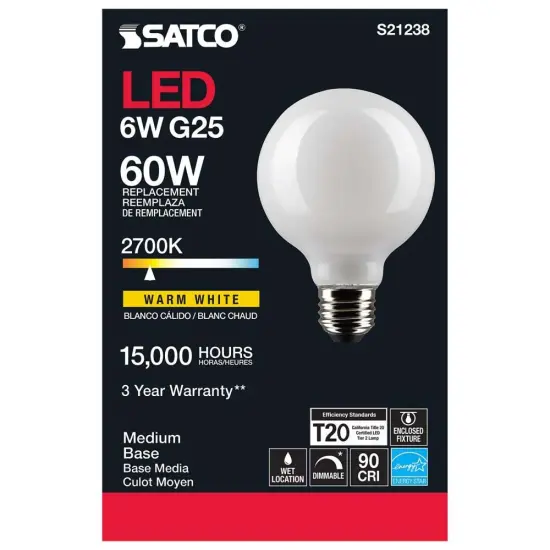 6Pk - Satco 6w G25 Globe Filament LED 2700K E26 Base White Dimmable - 60w equiv Warm White {5}