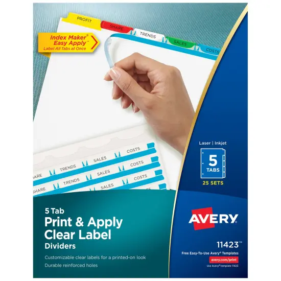 Avery 5 Tab Dividers for 3 Ring Binder, Easy Print & Apply Clear Label Strip, Index Maker Customizable Multicolor Tabs, 25 Sets (11423) {1}