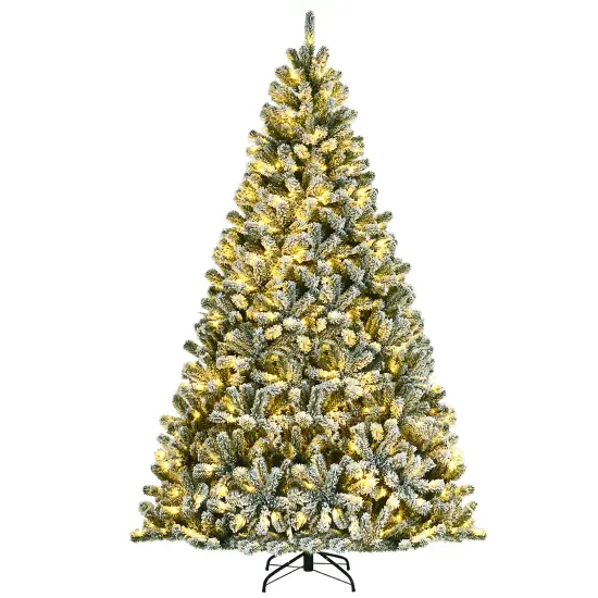 Costway 8ft Pre-lit Snow Flocked Hinged Christmas Tree w/1502 Tips & Metal Stand {1}