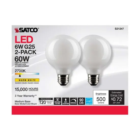 6Pk - Satco 6w G25 Globe Filament LED 2700K Medium Base Dimmable - 60w equiv Warm White {4}