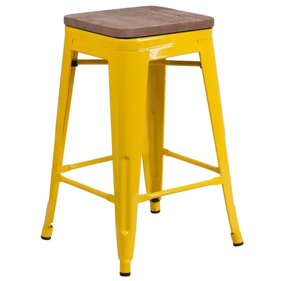 Merrick Lane Dalton Series Backless Metal Dining Stool with Wooden Seat for Indoor Use Black-Antique Gold {8}