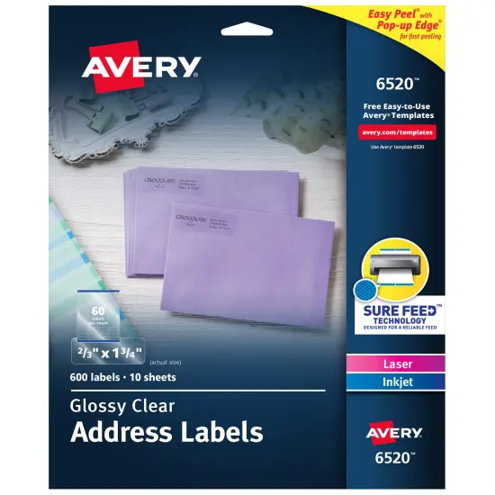 Avery Glossy Clear Address Labels, Sure Feed Technology, Laser/Inkjet, 2/3" x 1-3/4", 600 Labels (6520) {1}